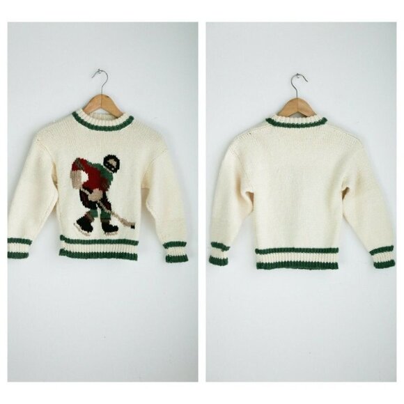 Vintage Handmade Hockey Motif Ivory Long Sleeve Pullover  Boys - Picture 1 of 6